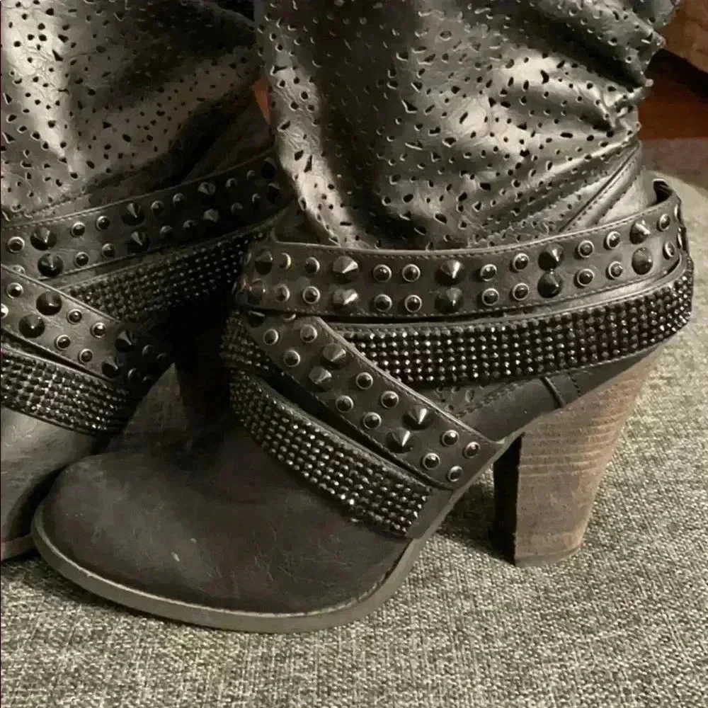 Not Rate Black Rhinestone Slouch Boots